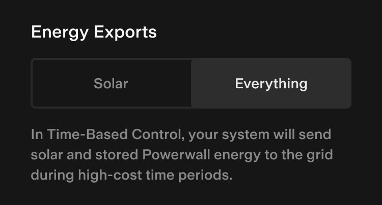 Tesla App, Energy Export Preferences