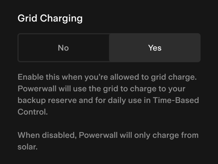 Tesla App, Grid Charging