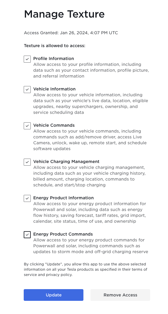 Manage Texture&#39;s Tesla Account Access