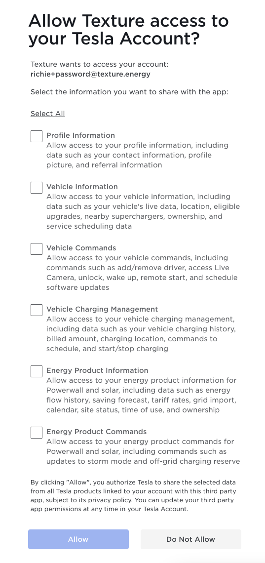 Tesla OAuth Consent Screen